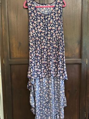 Cottagecore Top Navy Blue Floral Sleeveless Blouse with Pink Accent size Medium
